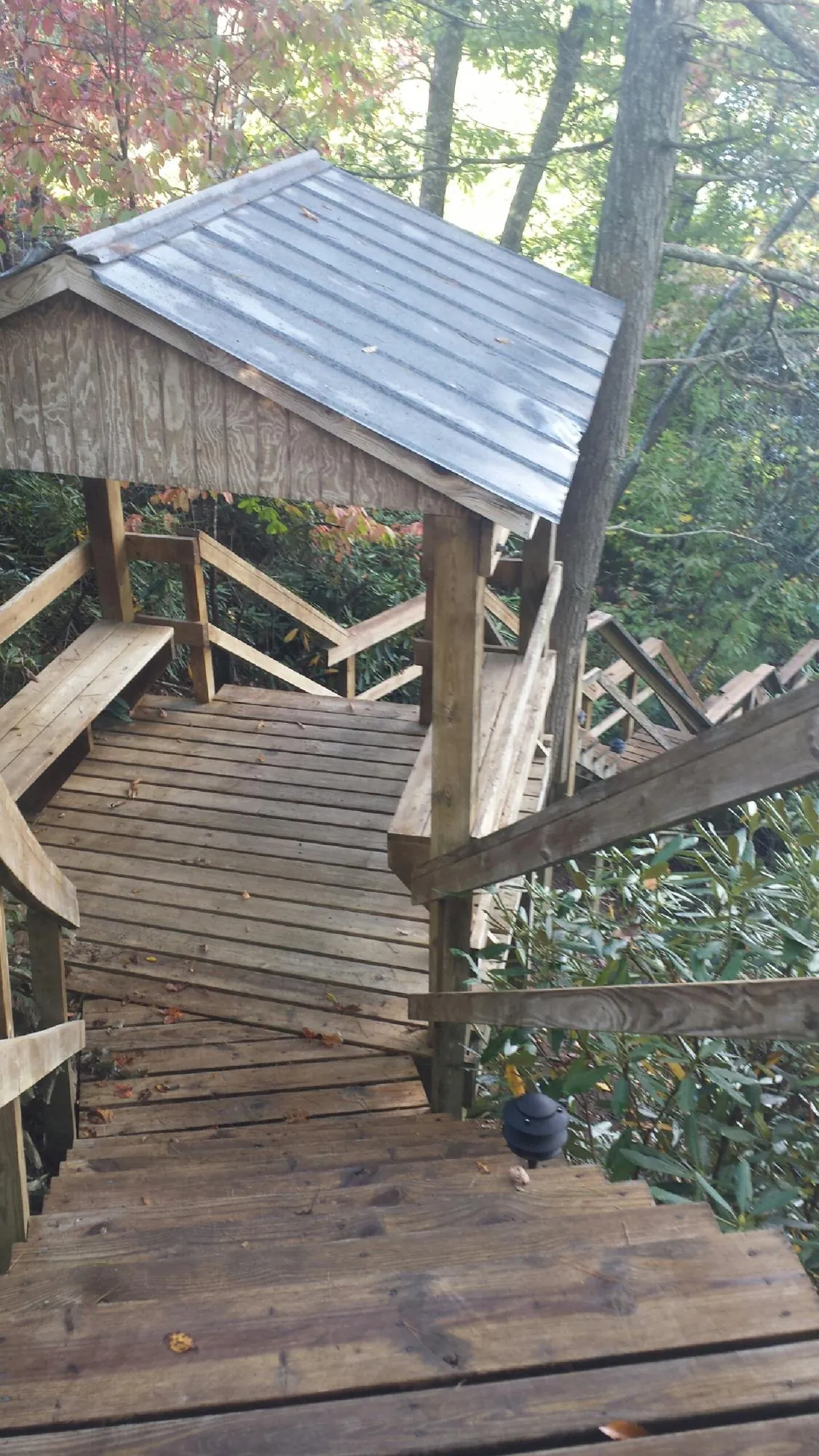 Metal roofed shelter over wooden steps on a wooded walkway — Skylight Repair & Installation work by our crew in Little Cedar